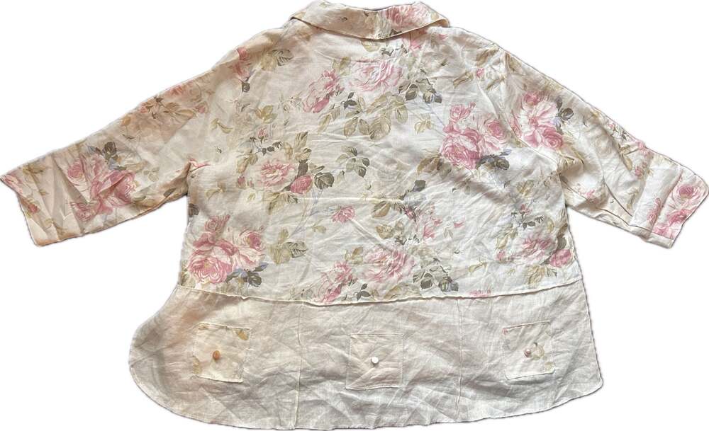Vintage 90s Surrealist Floral Linen Patchwork Button-Down Shirt Jacket - Picture 12 of 13
